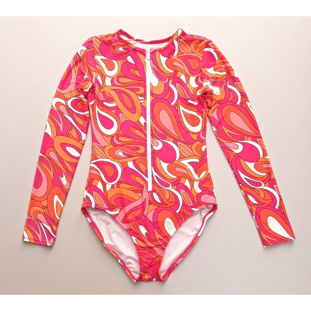 NEW Michael Kors 1 Piece Swim/Surf L/S Zip Rashguard Peach Pink Swirl Sz 10